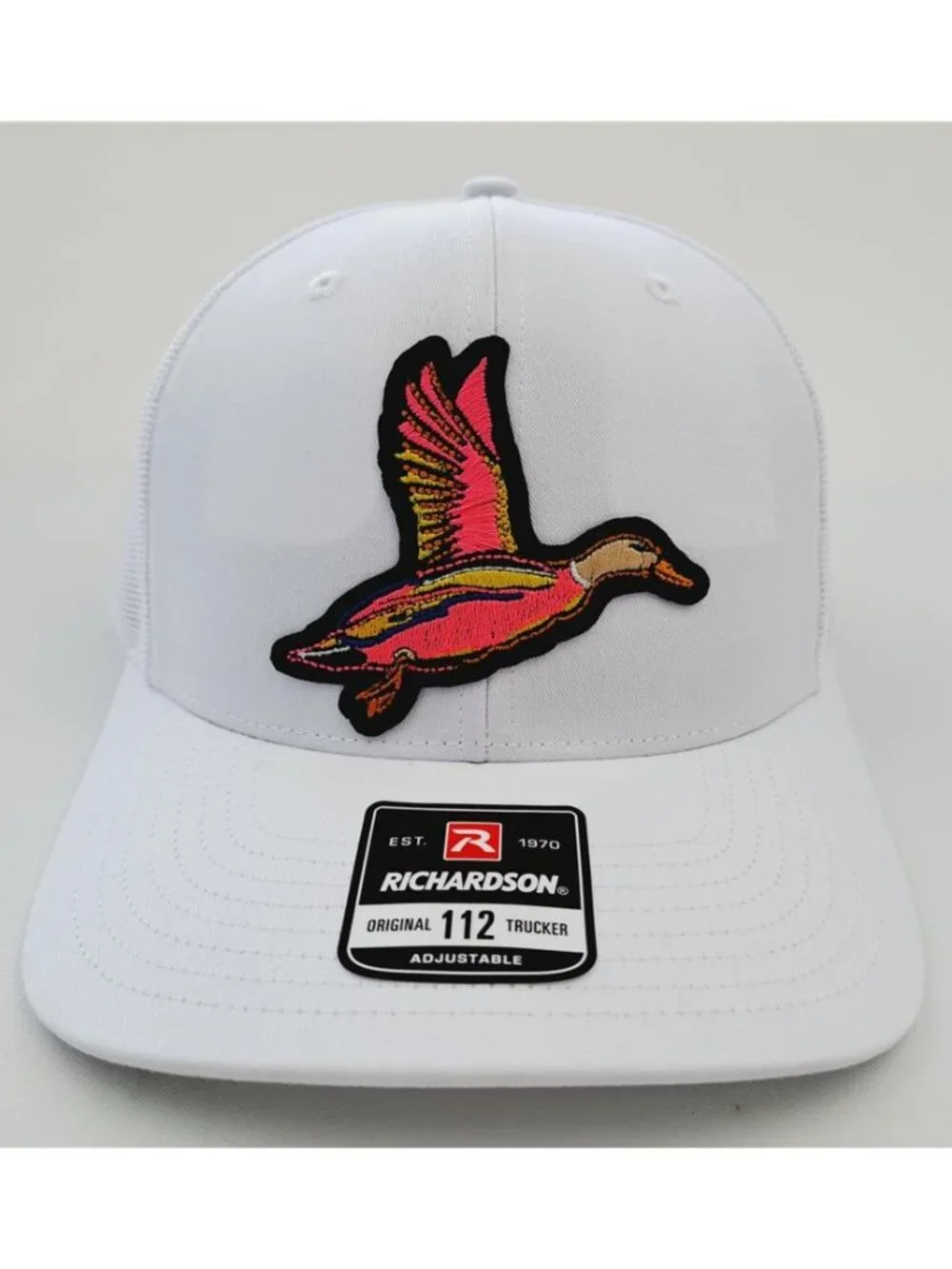 Neon Flying Mallard Duck Embroidered Patch White Richardson 112 Trucker Hat Fowl